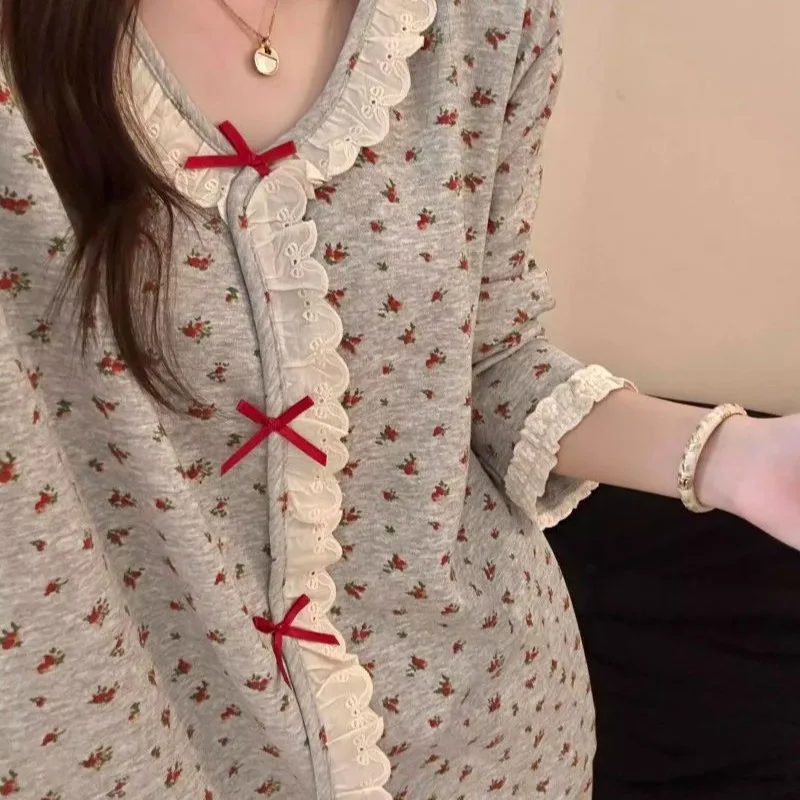 

Spring New Cloud Cotton Sleepwear Women Long Sleeve Long Pants Floral Knot Lace Sweet Home Clothes Set Comfortable ...