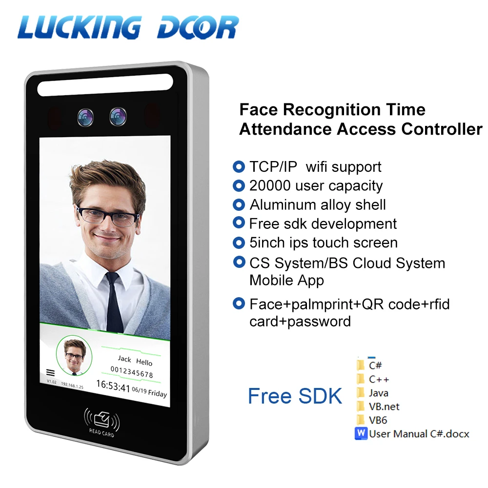 Tcp/ip wifi 5-Zoll-Touchscreen QR-Code Palm print Gesichts erkennung Anwesenheit mit Zugangs kontrolle cs, bs Cloud-System,App kostenlos sdk