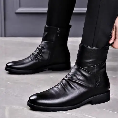 New Men Black Genuine Leather Round Toe Zipper Side Classic High Top Ankle Boots Male Business Warming Fur Short Boots Shoes