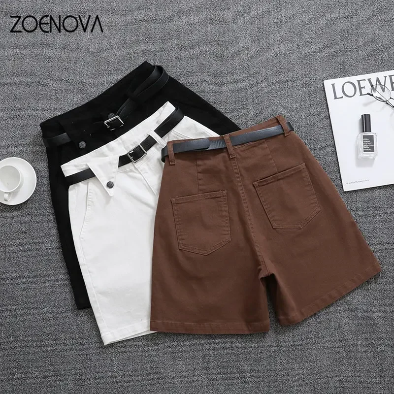 ZOENOVA 2023 New Chic Summer Stretch Korean Version Five Point Button Fly Shorts Jeans Casual Pants Women\'s Belt Y2K Loose Denim