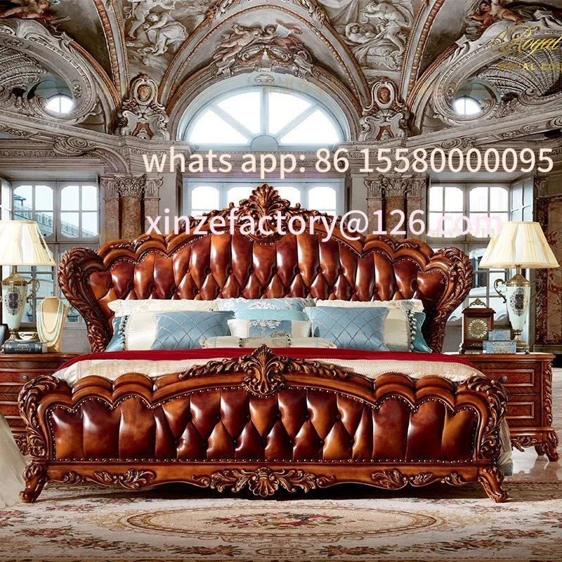 

Customizable European leather bed antique solid wood