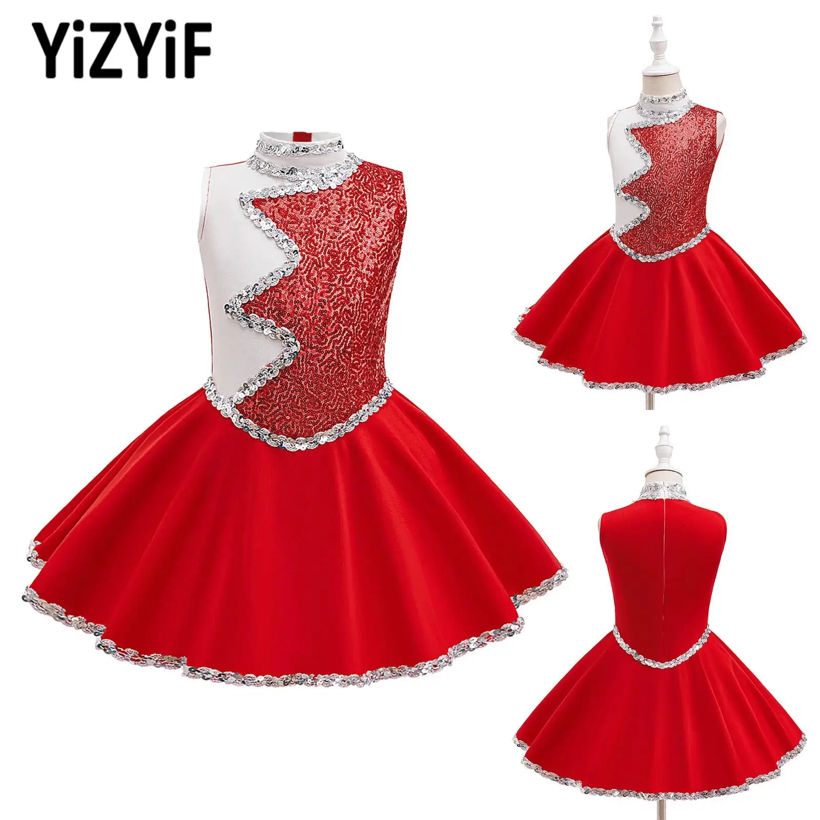 

Kids Girl Glittery Sequins Cheerleading Dance Dress Sleeveless Color Block Dress for Theme Party School Shows Stage Performance