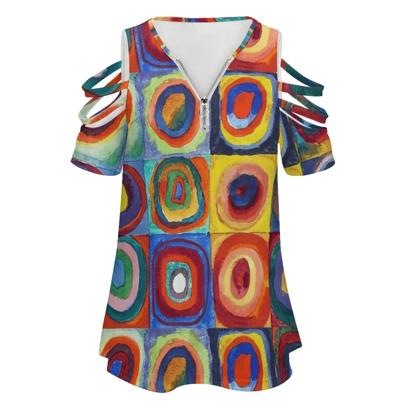 Wassily Kandinsky-Color Study , Squares With Concentric Women's T-Shirt New Fashion Printed Zipper V-Neck Short Sleeve T Shirts