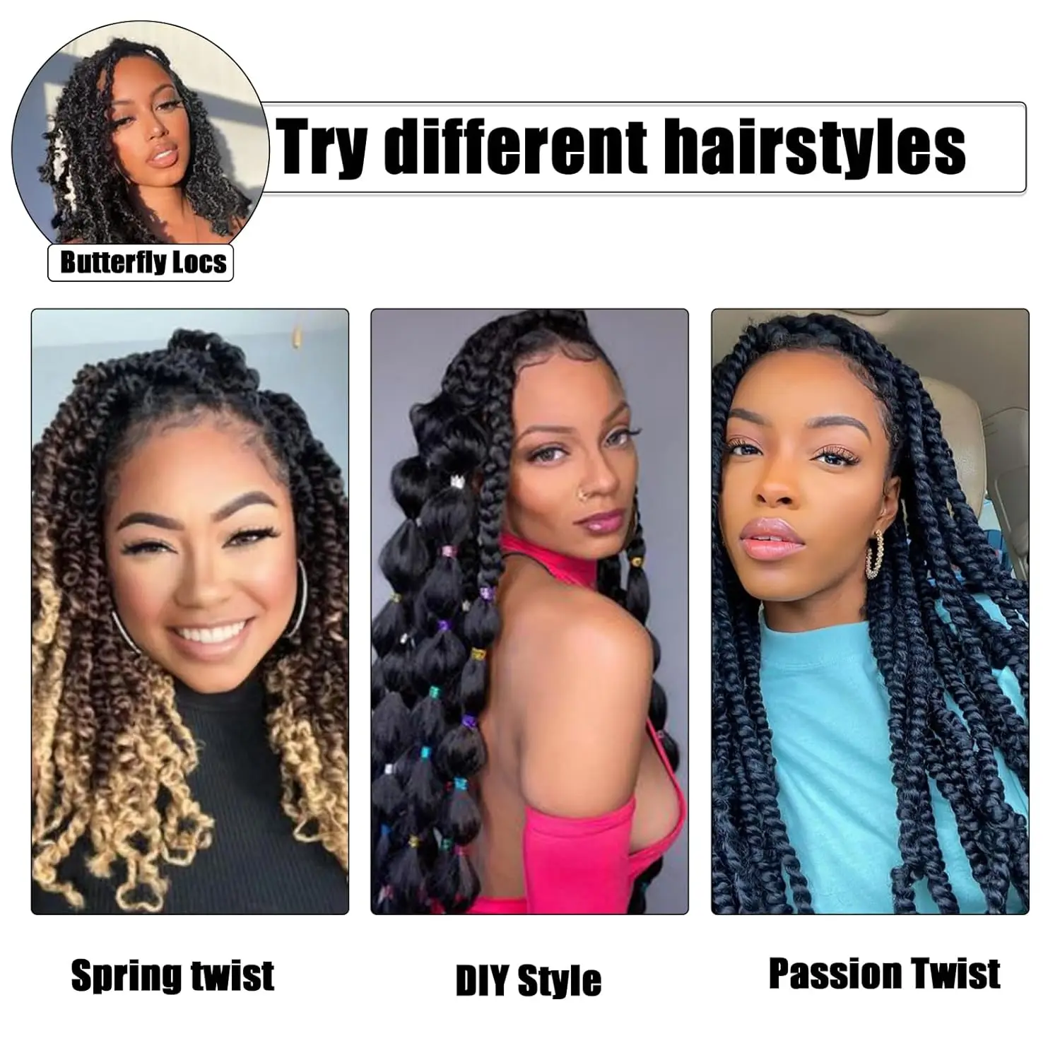 شعر زنبركي ملتوي، شعر تجديل مارلي تويست، شعر أفرو تويست نابض للألوان الناعمة، شعر باشن تويست، شعر فراشة لوكس