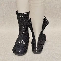 2024 nuove scarpe stivali all'uncinetto vuoti in pizzo XL stivali da donna moda cava base tendine di manzo stivali traspiranti estivi all'uncinetto 34-41
