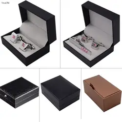 Luxury Tie Clip Cufflinks Storage Box Men Wedding Black Faux Leather Case Brooch Lapel Mini Travel Jewelry Display Collection