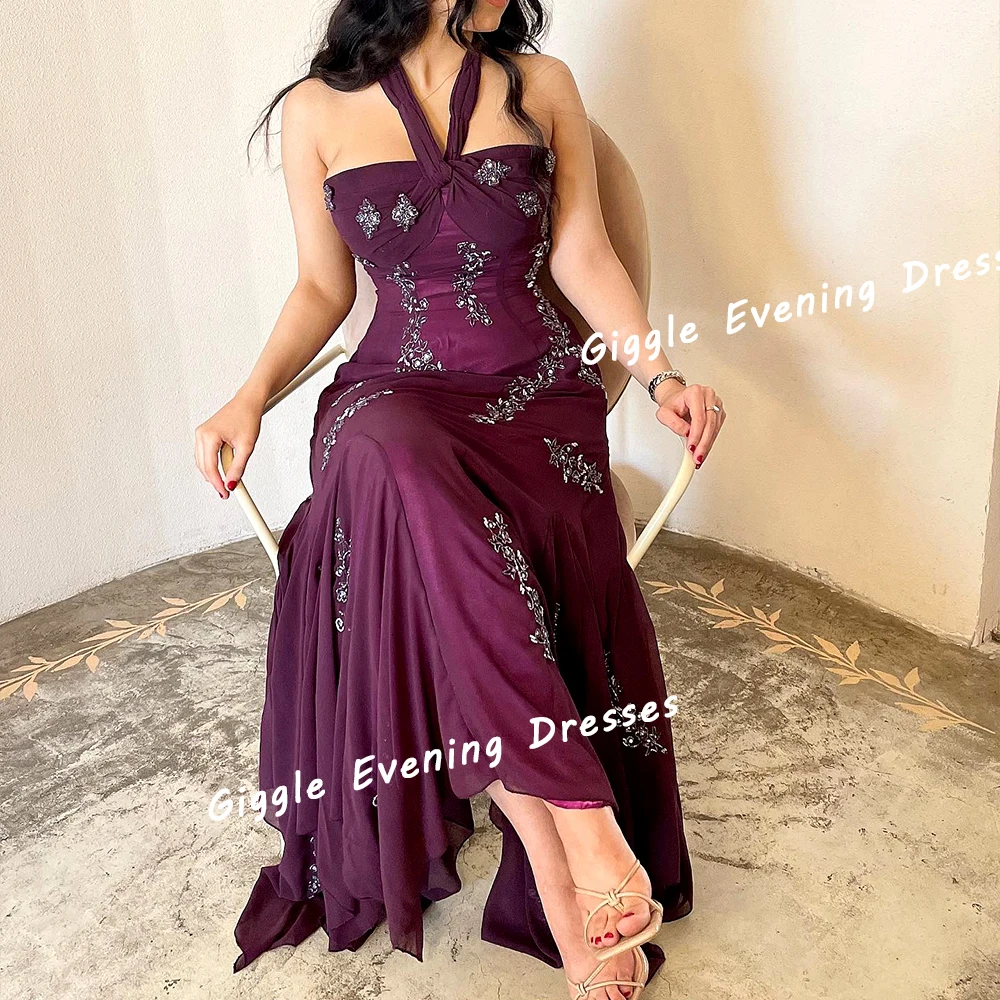 Giggle Chiffon Halter Beading Elegance Prom Gown Saudi Arab Exquisite Pleating Floor-Length Evening Party Dresses for Women 2024