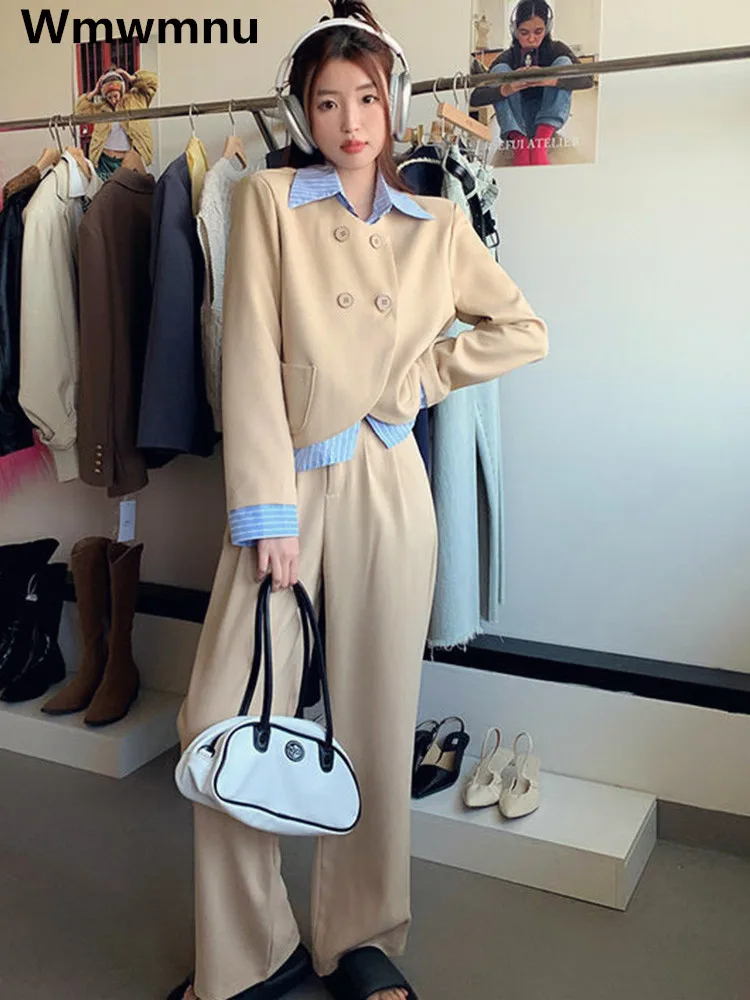 

Office Lady Patchwork Blazer Two Piece Sets Elegant Korean Suit Coat Tops Conjuntos Baggy Casual Wide Leg Pants Ensembles New