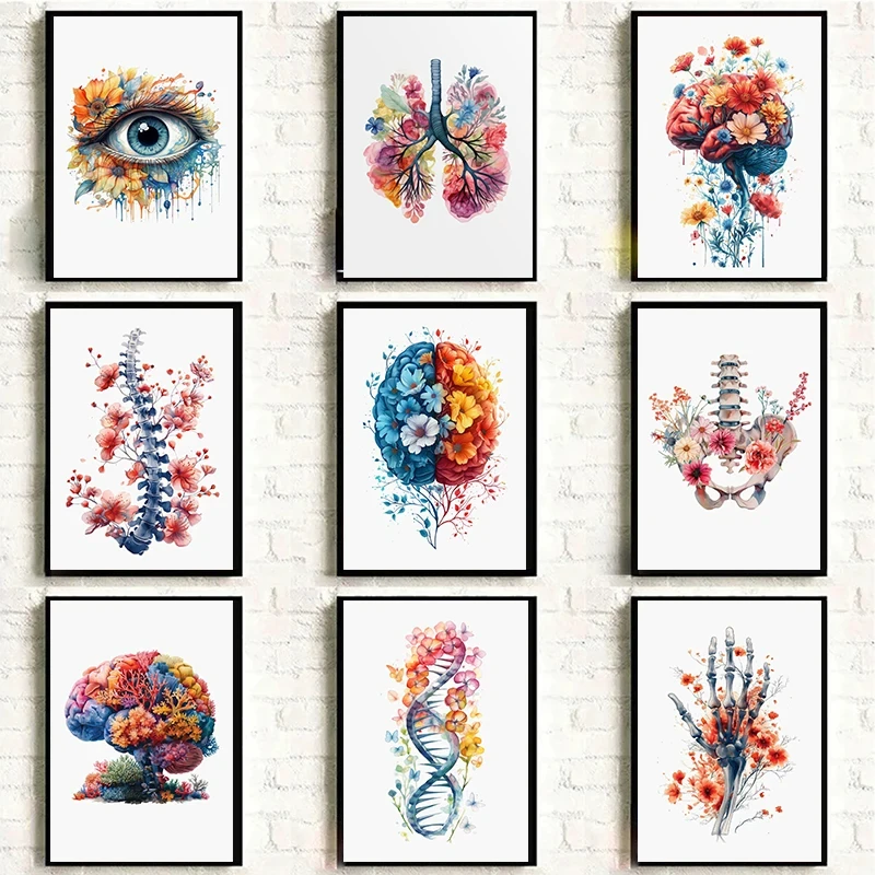 Anatomie Menschlicher Organe Poster Blumen-Lungen Aquarell Neurologie Psychologe Leinwandgemälde Wandbild Medizinisches Büro-Dekor