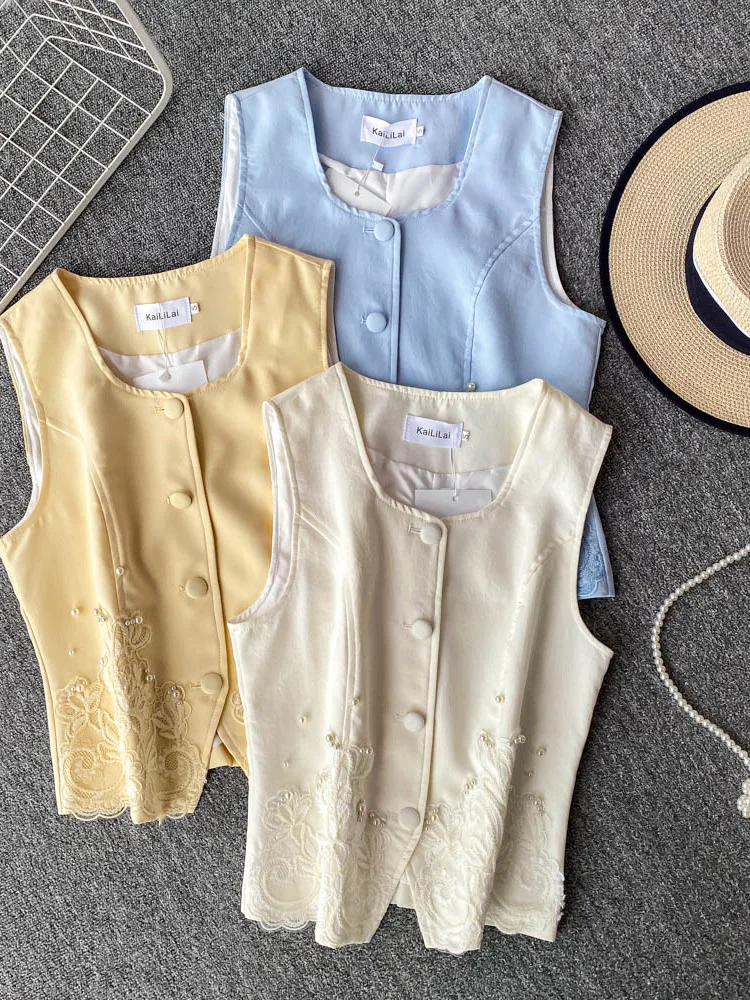 

European Sle Heavy Embroidery round Ne Svel Vest Women's Summer Single Button Slimming ort Coat Jaet