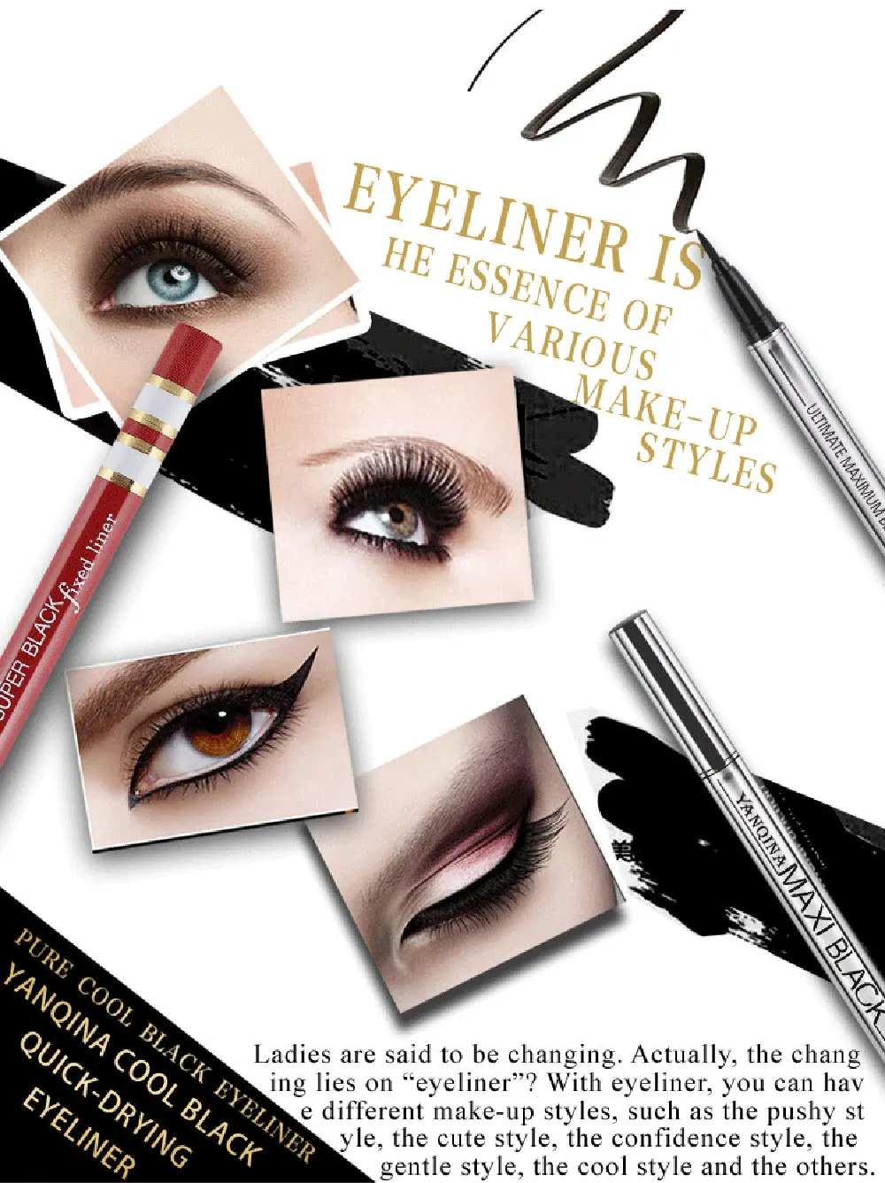 YANQINA Waterproof Makeup Eyeliner Black Liquid Eyeliner Pen Make Up Eye Liner Long-lasting Cosmetics Fast-dry Eyeliners Pencil