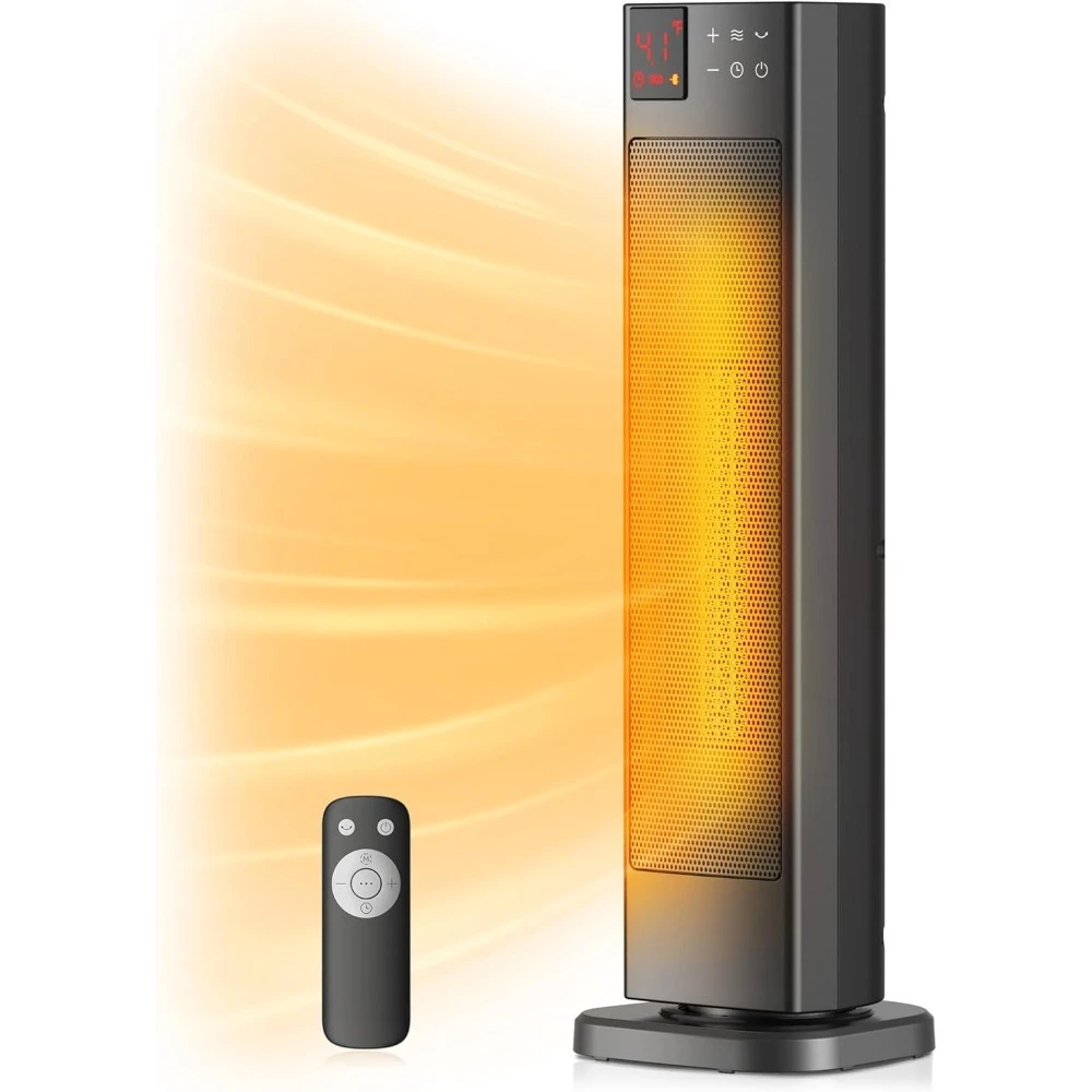 

Oscillating Ceramic Tower Heater with Remote Control Programmable Thermostat ECO Mode 12H Timer