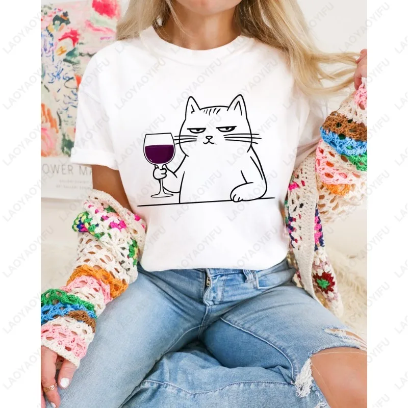 

Футболка Cat Wine, подарок для влюбленных, простые забавные повседневные футболки для женщин и мужчин, Harajuku, обычные универсальные хлопковые топы унисекс с короткими рукавами