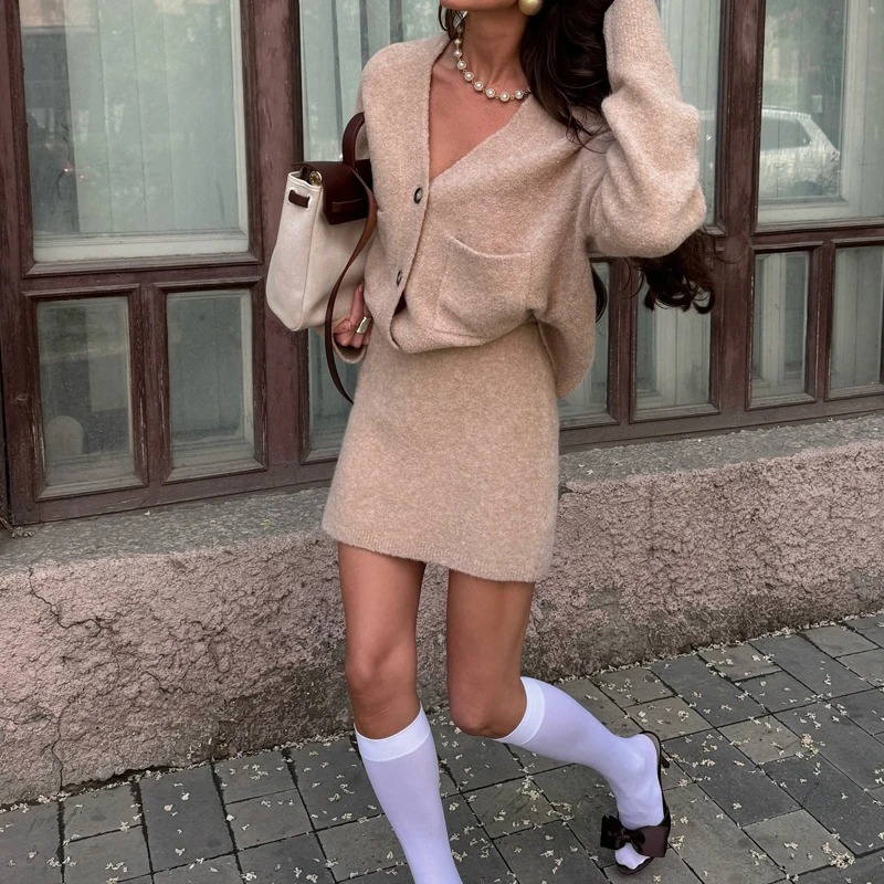 

Fashion Street Solid Color Outfit Ladies Sexy V-neck Button Top and Skirt Autumn Suits Elegant Long Sleeved Slim Fit Party Set