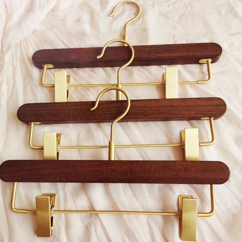 Solid Wood Hanger Brass Hook Home Clothing Store Display Special Care Black Walnut Seamless All Copper Trousers Rack