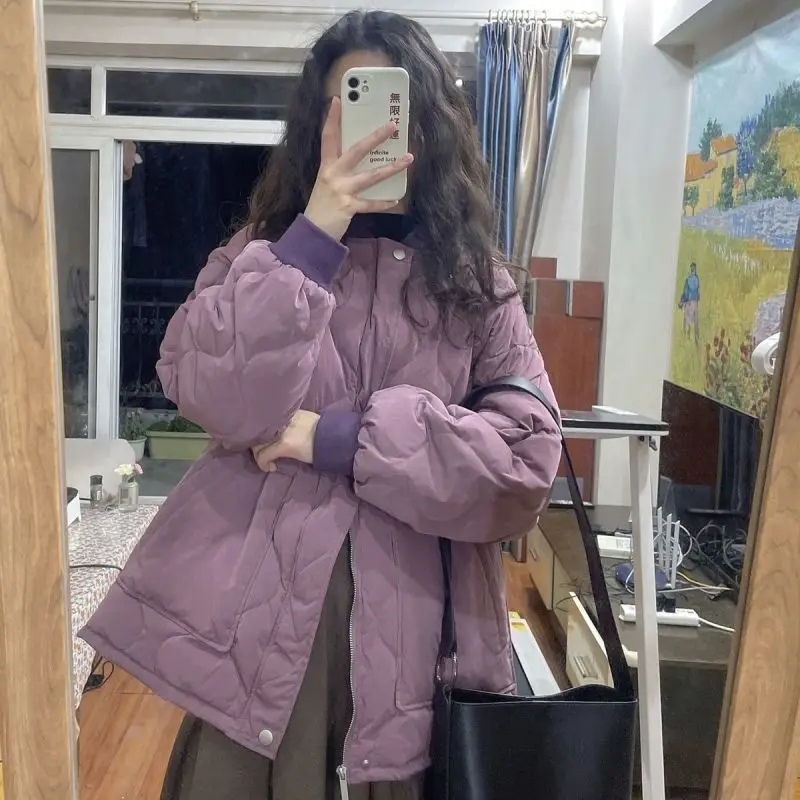 

Purple cotton-padded jacket Women's long style winter new model Korean version loose student thicken coat keep warm elegance