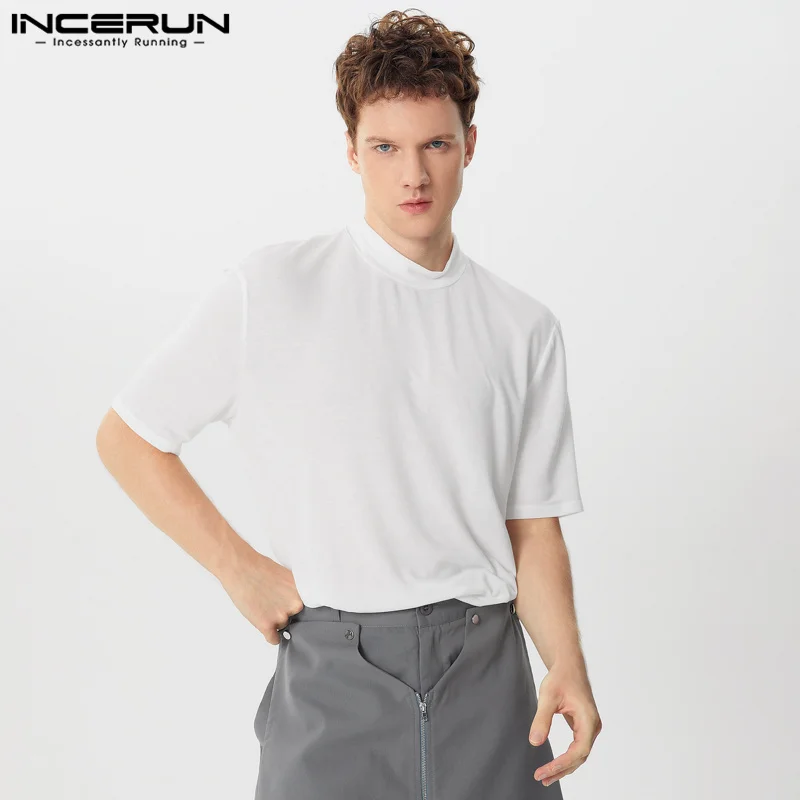 

INCERUN Tops 2025 Korean Style Mens Well Fitting Stand Neck T-shirts Casual Streetwear Simple Solid Short Sleeved Camiseta S-5XL