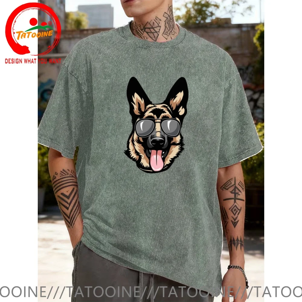 Vintage Washed Cotton T-Shirt Funny Designer German Shepherd With Glasses T Shirt Men Fashion Trendy Casual Clothing Stylish Top
