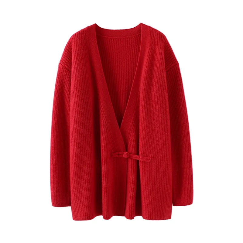 Sweater 100% Cashmere Winter Warm New Thick Loose Fit  Chinese Style  Cardigan Mujer  Korean Fashion V-Neck Single Button