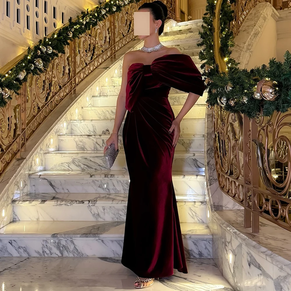 

Temperament Mermaid Burgundy Velour Evening Dress Customized Off the Shoulder Bow Homecoming Dresses Fashion Party Gowns