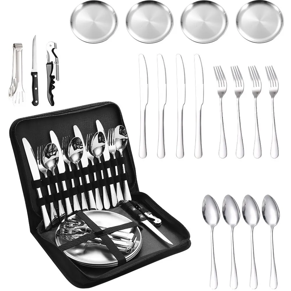 Camping Silverware Kit Cutlery Organizer Utensil Picnic Set Stainless Steel Plate Spoon Knife Fork Tongs Hiking 10/20PCS