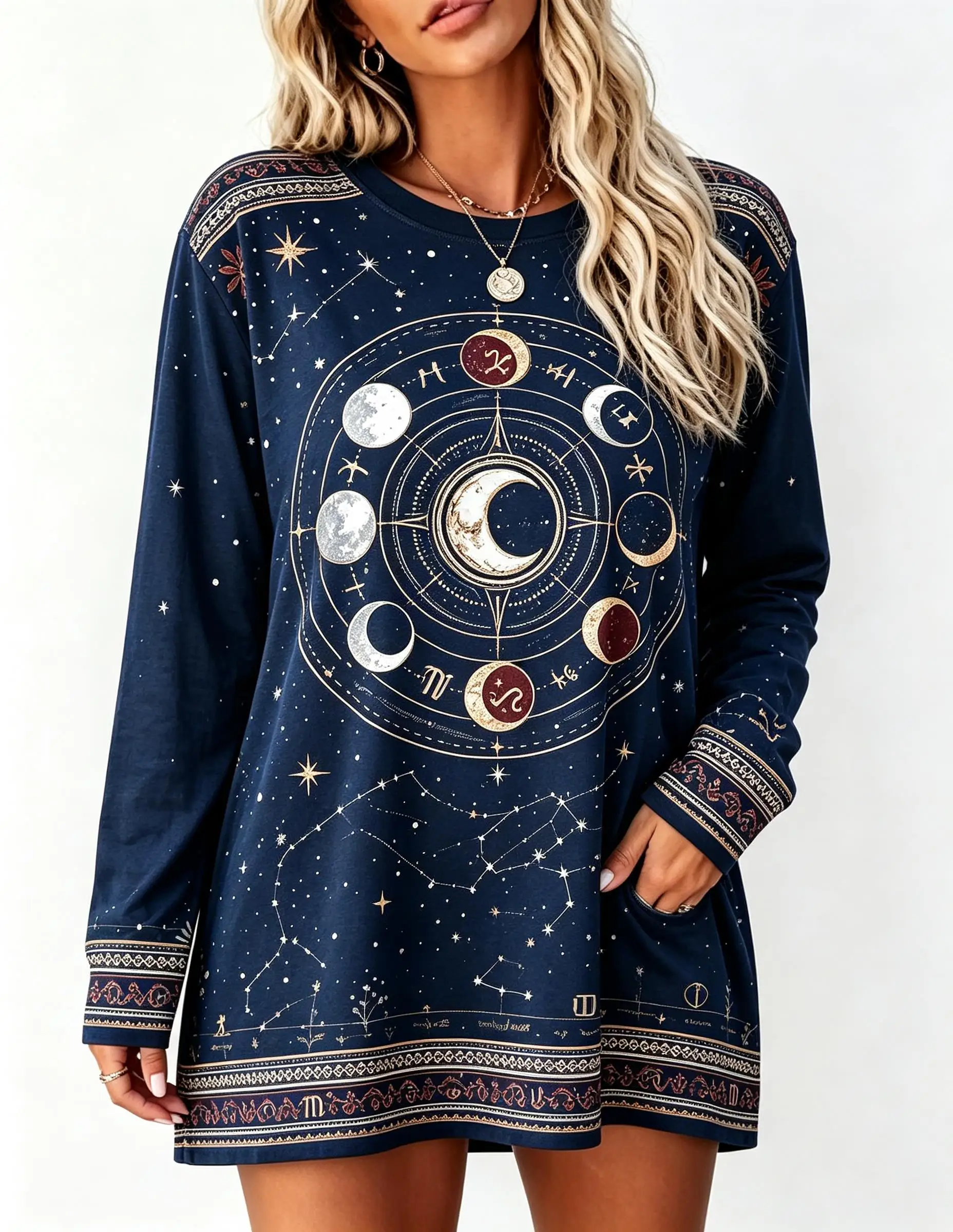 Women Long Sleeve T‑Shirt Boho Moon Phase Zodiac Constellation Mystical Celestial Print Crew Neck Tunic Tops
