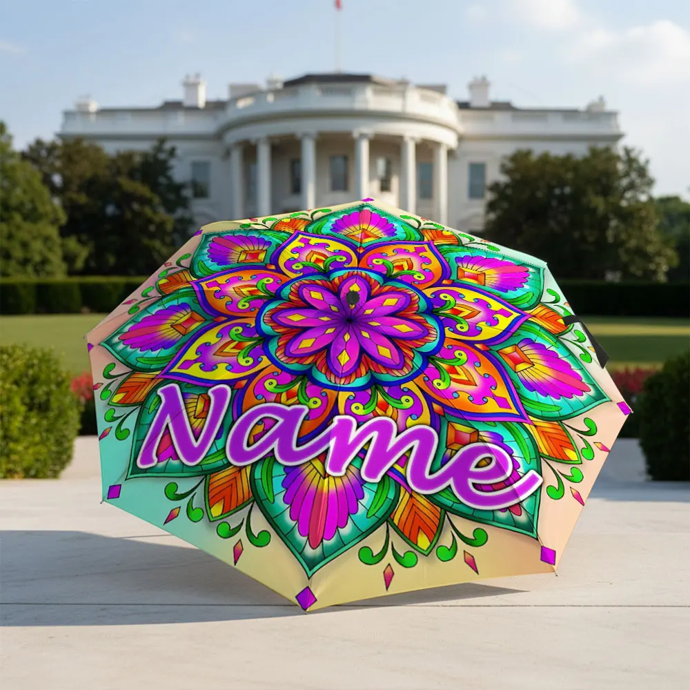 Custom Name Umbrella Bright Colorful Mandala Floral Ornament Print Folding Umbrella Compact Portable Travel Parasol