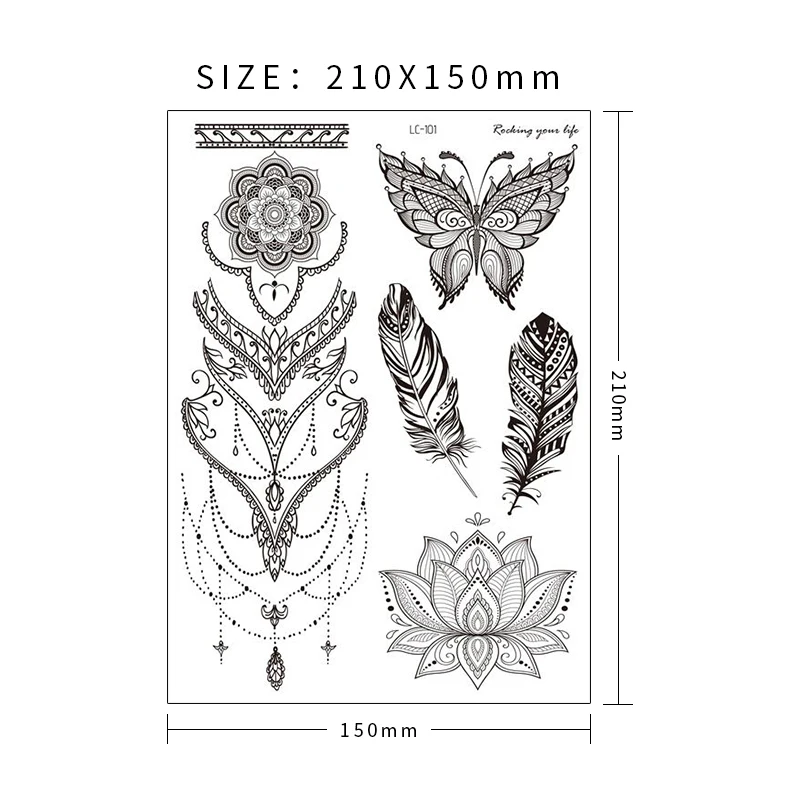 VeeCharm - Black Henna Temporary Tattoos For Women, Lace/Bohemia/Mandala Flower, Fake Sleeve Tattoos, Body Art, 1/9 Sheet