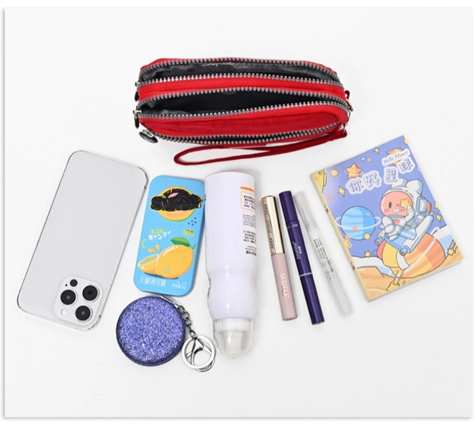 2026 New Clutch Women's Bag Three-Layer Zipper Mini Nylon Cloth Solid Color Mobile Phone Bag Coin Purse