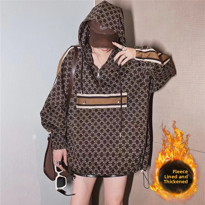 

Hooded Patchwork Long Sve Women's Fce Lined Sweatirt Casual Commute Sle Korean Version Zipper Closure Print
