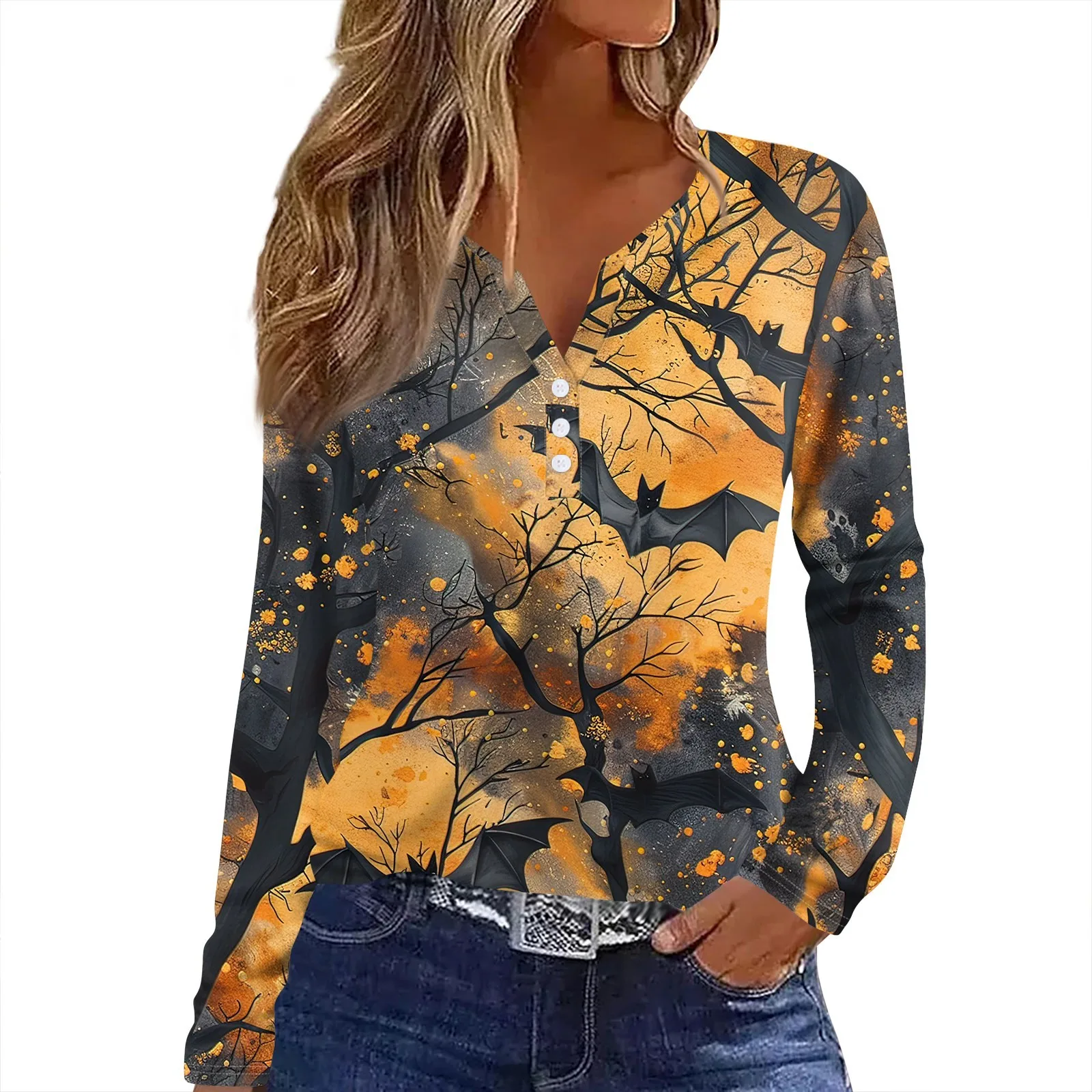 tops for women Women\'s T Shirt Tee Halloween Print Button Long Sleeve Daily Weekend Fashion Basic V- Neck Regular Top new