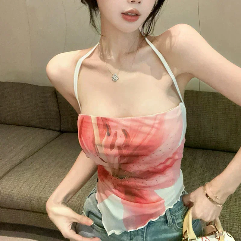Sexy Floral Print Bustier Short Strapless Triangle Scarf Small Camisole Vest Top Women's Seaside French Design Short Top