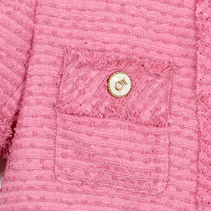 Summer New Women Pink Fringed Tweed Blazer Number 5 Decor Buttons O-neck French Luxury Style Short Sleeve Cardigan 25200