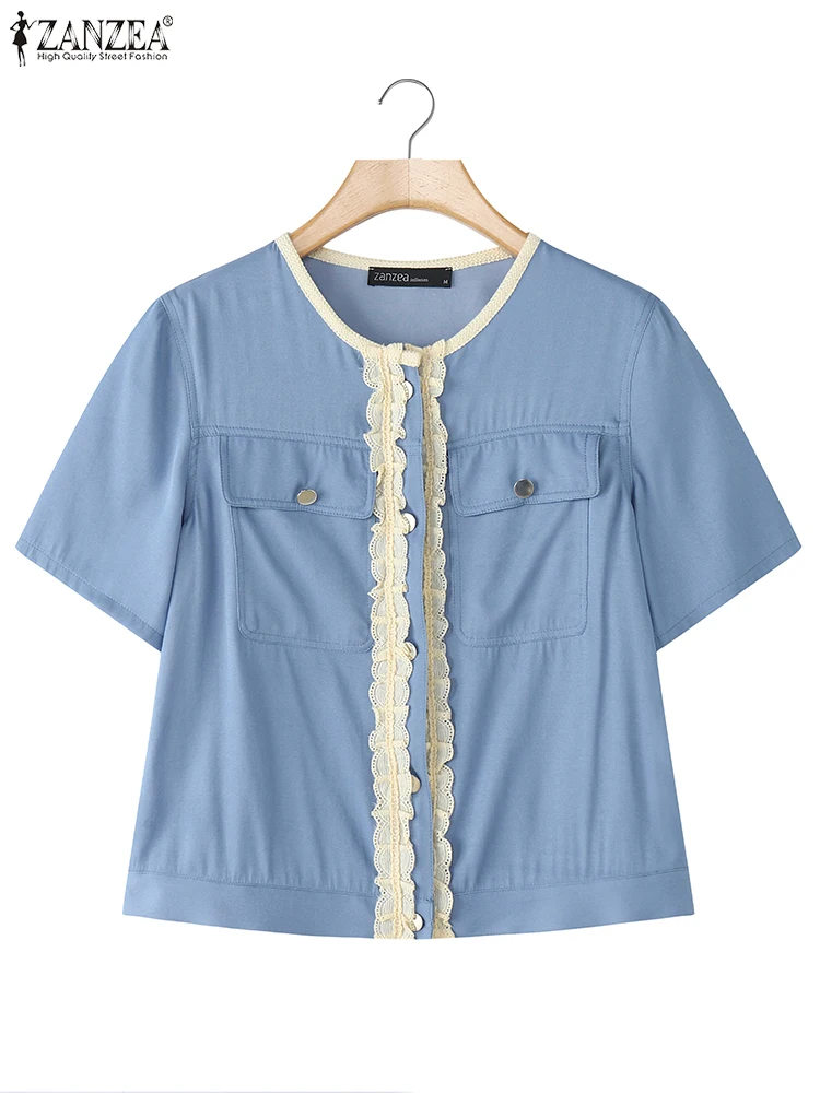 แฟชั่นแขนสั้นเสื้อลูกไม้ผู้หญิงลำลองหลวมสีทึบเสื้อเย็บปะติดปะต่อกัน 2025 ZANZEA แฟชั่น O-คอกระเป๋าบลูซาส S-3XL