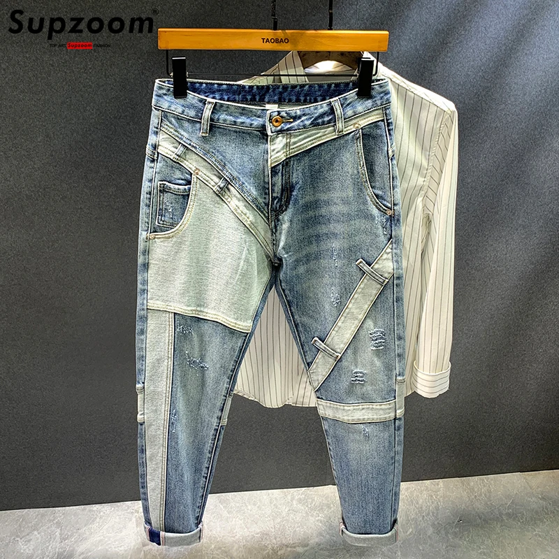 

Supzoom New Arrival Hot Sale Top Fashion Autumn Zipper Fly Stonewashed Casual Patchwork Cargo Denim Pockets Cotton Jeans Men