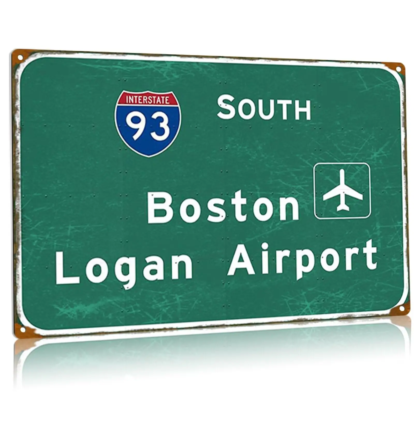 Vintage Interstate 93 Metal Tin Signs South Boston Logan Airport Directional Road Sign Highway Directional Sign Plaque Garage Cl