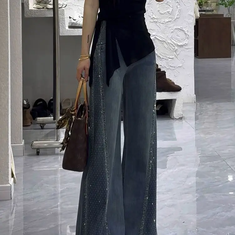Pantalones vaqueros de primavera 2025 para mujer, pantalones vaqueros holgados de pierna ancha acampanados de cintura alta, Retro Azul, bordado de diamantes de imitación, pantalones de suelo de arrastre