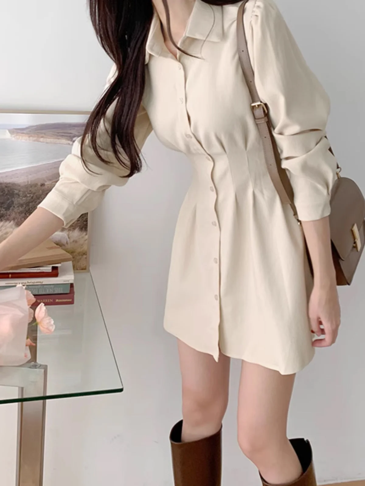 Chic Slimming Mid-Length irt Dr Women's Summer Vintage Collar Seven-Sve Single-Button ort Skirt Korean Sle High W...