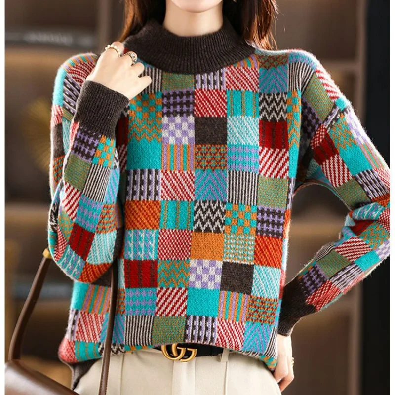 Korean Autumn Winter New Half High Collar Woolen Sweater Women\'s Printed Thick Fashion Versatile Long Sleeve Knitted Pullovers