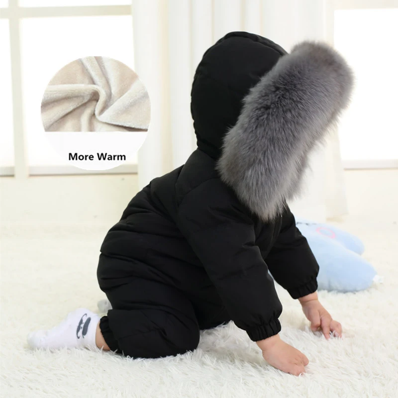 -30 Degree Russian Winter Baby Boys Jumpsuit Faux Fox Fur Plus Velvet Toddler Boys Overalls 1-4 Years Infant Boy Romper Snowsuit