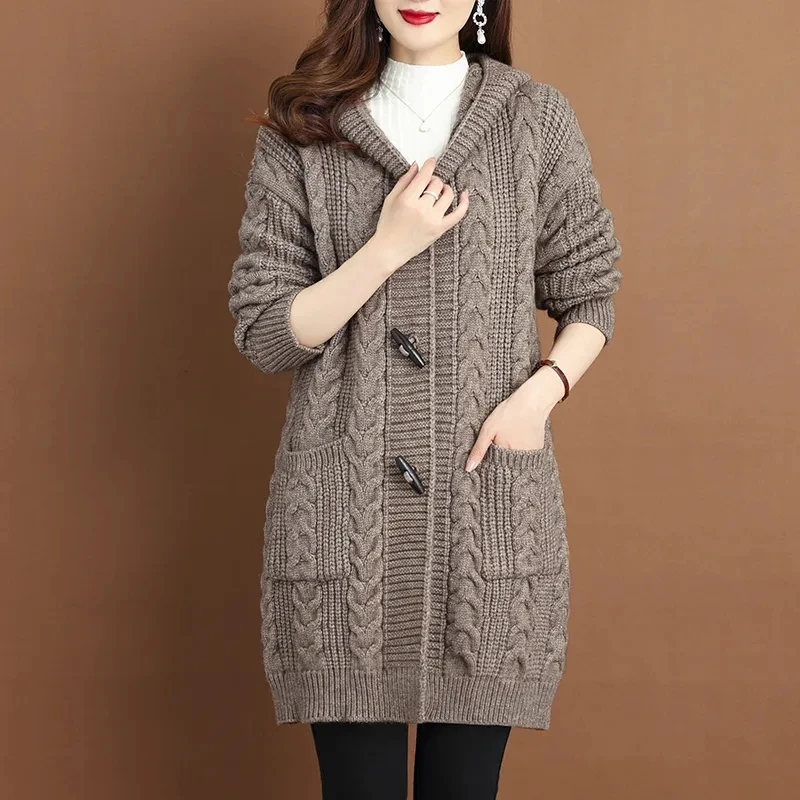 2024 Autumn Winter Large Size Hooded Knitted Coat Women Mid-Long Thicken Cardigan Sweater Female Big Pocket Twists Knit Jacket