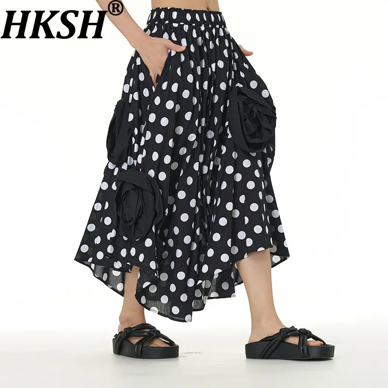 

HKSH Women Skirt Oversized Casual Three-dimensional Flower Pleated Asymmetric Elastic Waisted A-line Trend Skirts Summer HK22118