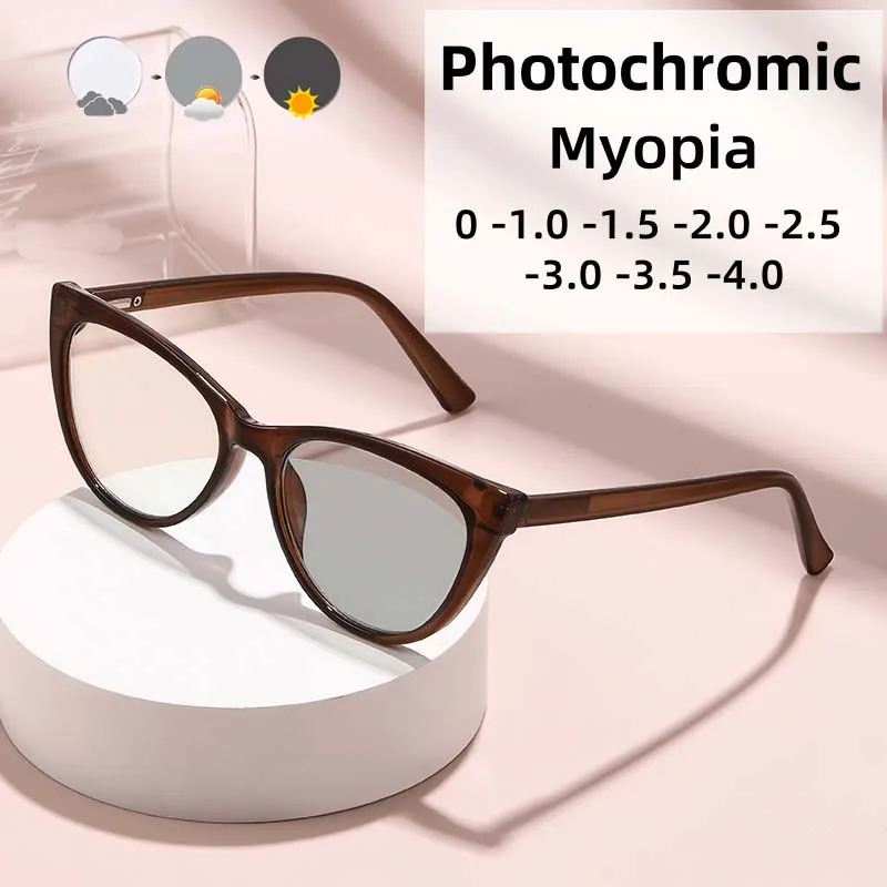 

Fashionable Cat Eye Photochromic Myopia Glasses Ladies' Ultra Light High-definition Anti Blue Light Glasses Diopter To +4.0