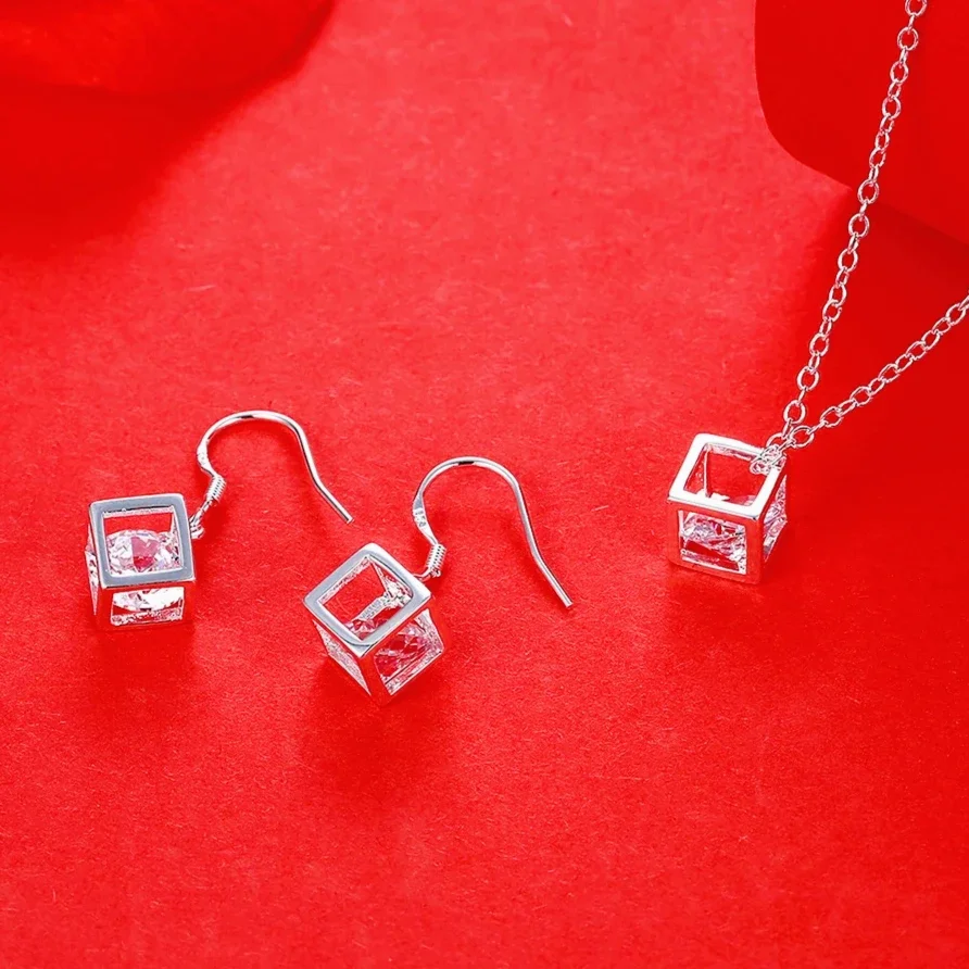 New Charms 925 Sterling Silver Custom Crystal Lattice Necklace Earrings for Woman Fashion Designer Jewelry Sets Wedding Gifts