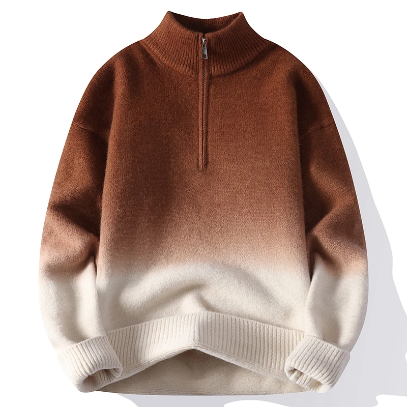 

Мужской свитер с градиентным цветом, на молнии до середины груди, вязаный, свободного кроя, с высоким воротником, повседневный, зимний, теплый, из полиэфирного волокна, с длинными рукавами