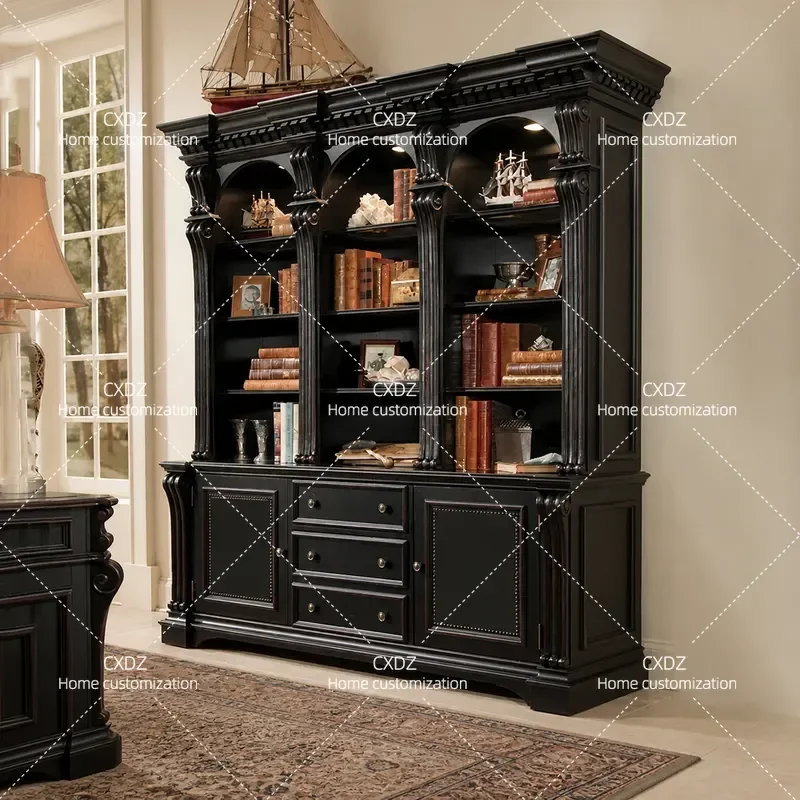 Retro Solid Wood Bookcase Carved Column Whole Wall Display Wine Cabinet Light Luxury Storage Side Cabinet