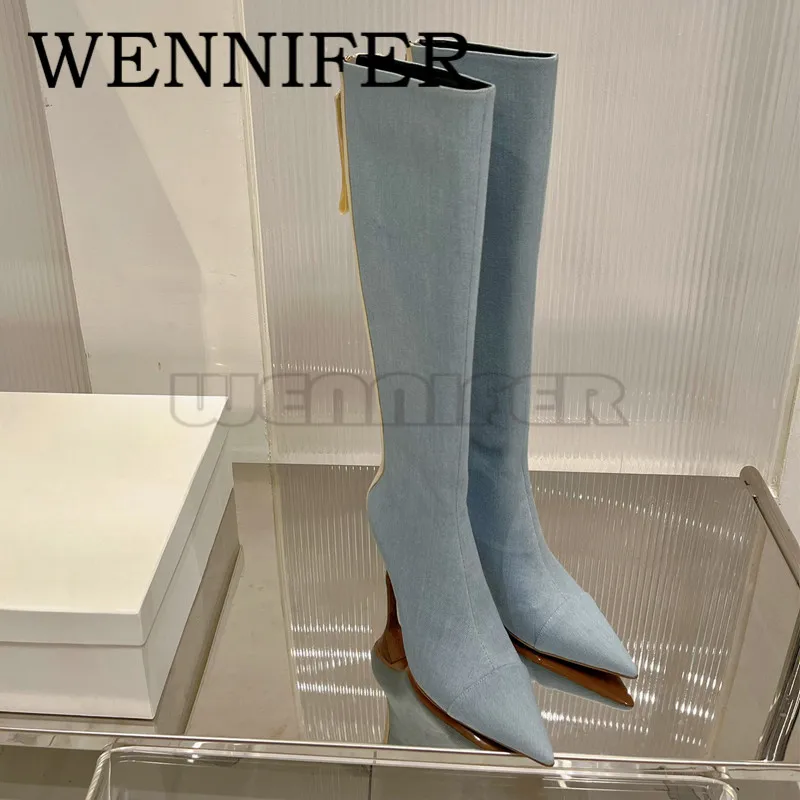 Denim Sexy Thigh High Heel Boots Pointed Toe Wooded High Stiletto Heel Knight Boots Women Wedding Dress Party Knee-High Bootes