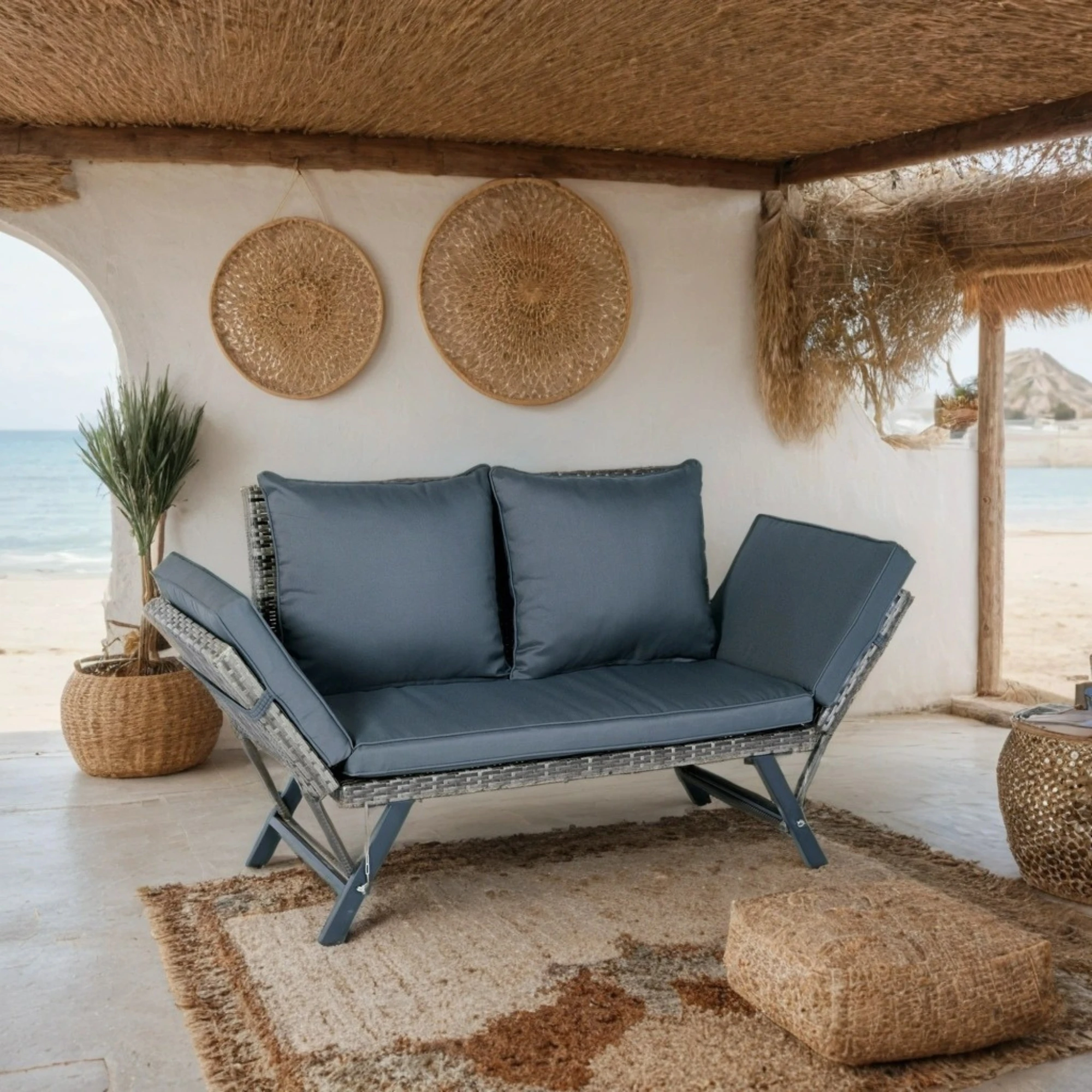 1 PCS Patio Wicker Side Foldable Bench Patio Backyard Conversation Bench Grey Wicker + Dark Grey Cushion