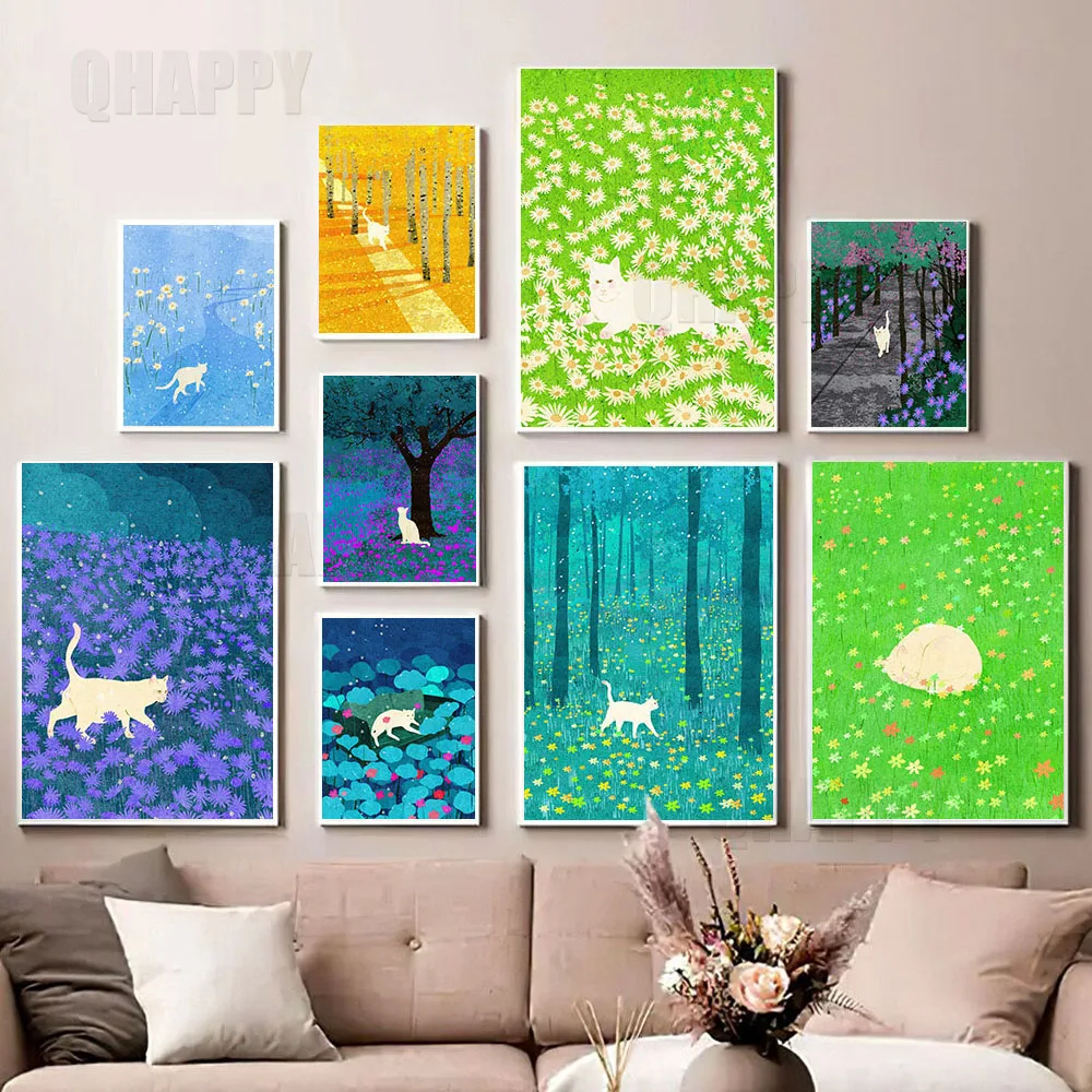 

The Cat In The Flowers Wall Art Canvas Painting Animals Nordic Poster Purple Blue Green Picture For Girl‘s Room Home Decor