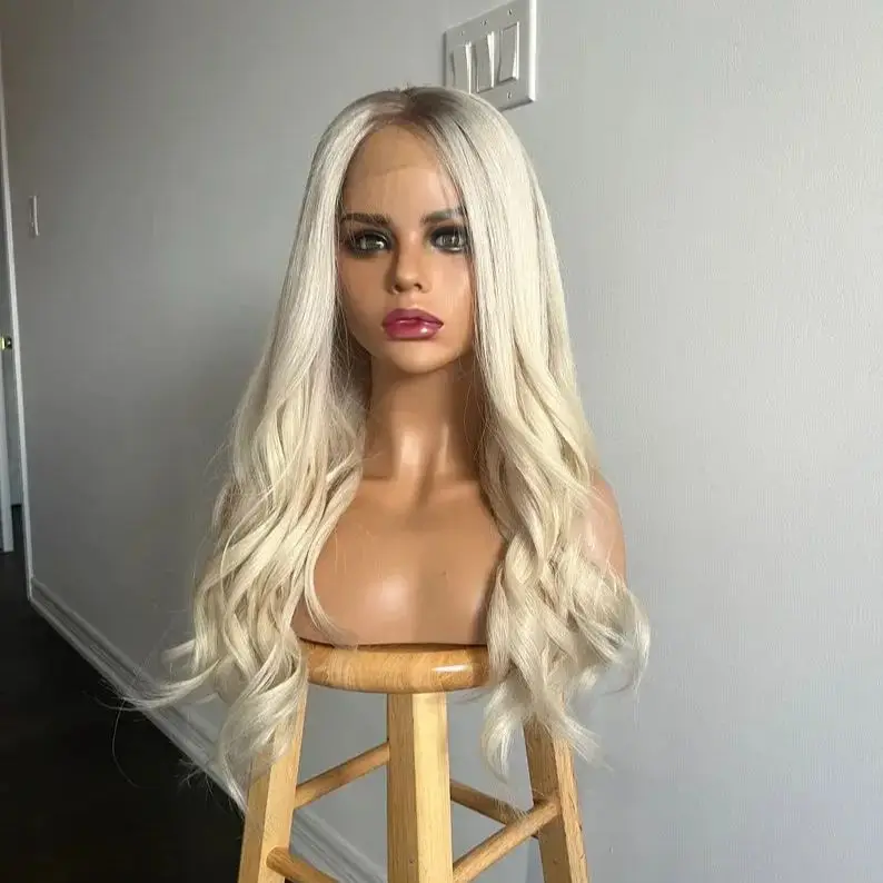 Peluca con malla frontal rubia clara con raíces oscuras 13x4 peluca sintética prearrancada de onda larga suelta sin pegamento de aspecto Natural para uso diario